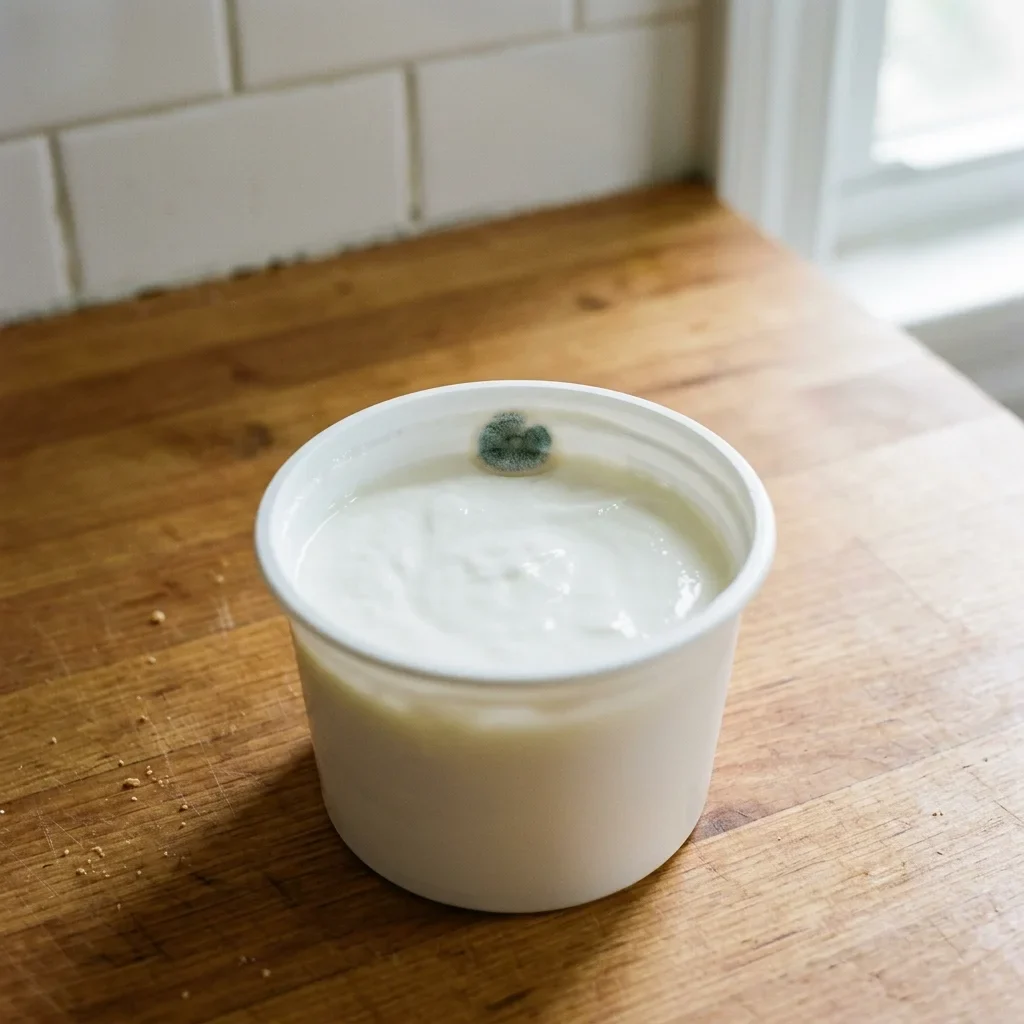 A small patch of blue-green mold on the surface of a tub of plain yogurt