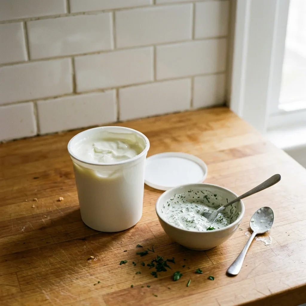 A tub of plain yogurt that has been in the fridge a while, beside a spoonful stirred smooth for a marinade