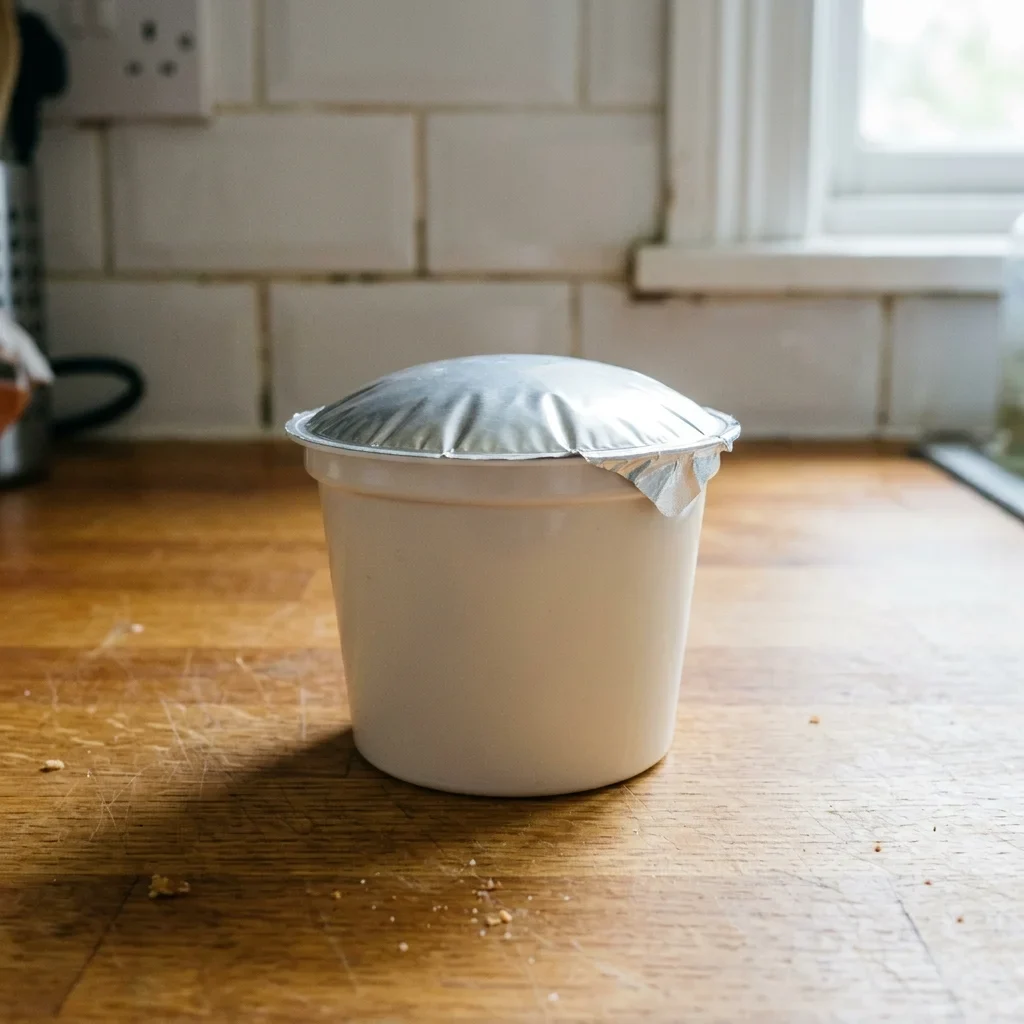 An unopened single-serve yogurt pot with its foil top domed upward