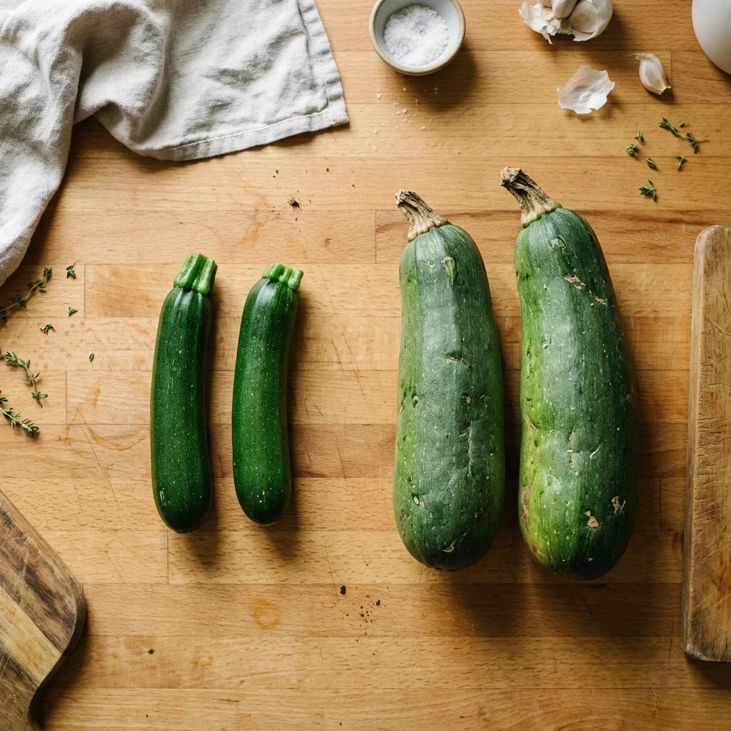 Four zucchini in a row, two small and glossy and two large with duller, tougher-looking skin.