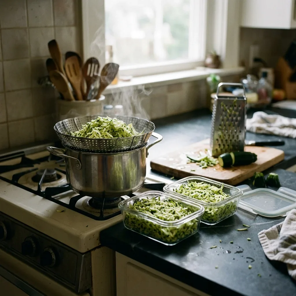Grated zucchini in a steamer basket over a pot beside two glass freezer containers of grated portions.