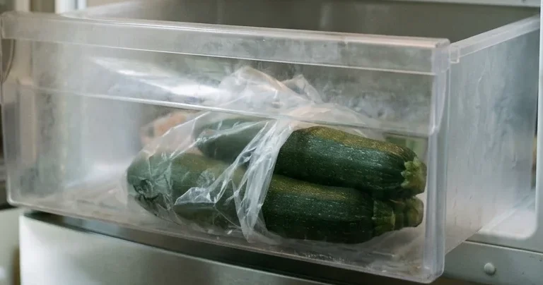 Two whole zucchini in a plain bag in a crisper drawer, the way to store zucchini without pitting it.