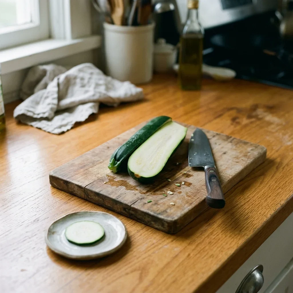A zucchini cut open on a board with one thin slice set aside on a small plate for tasting.