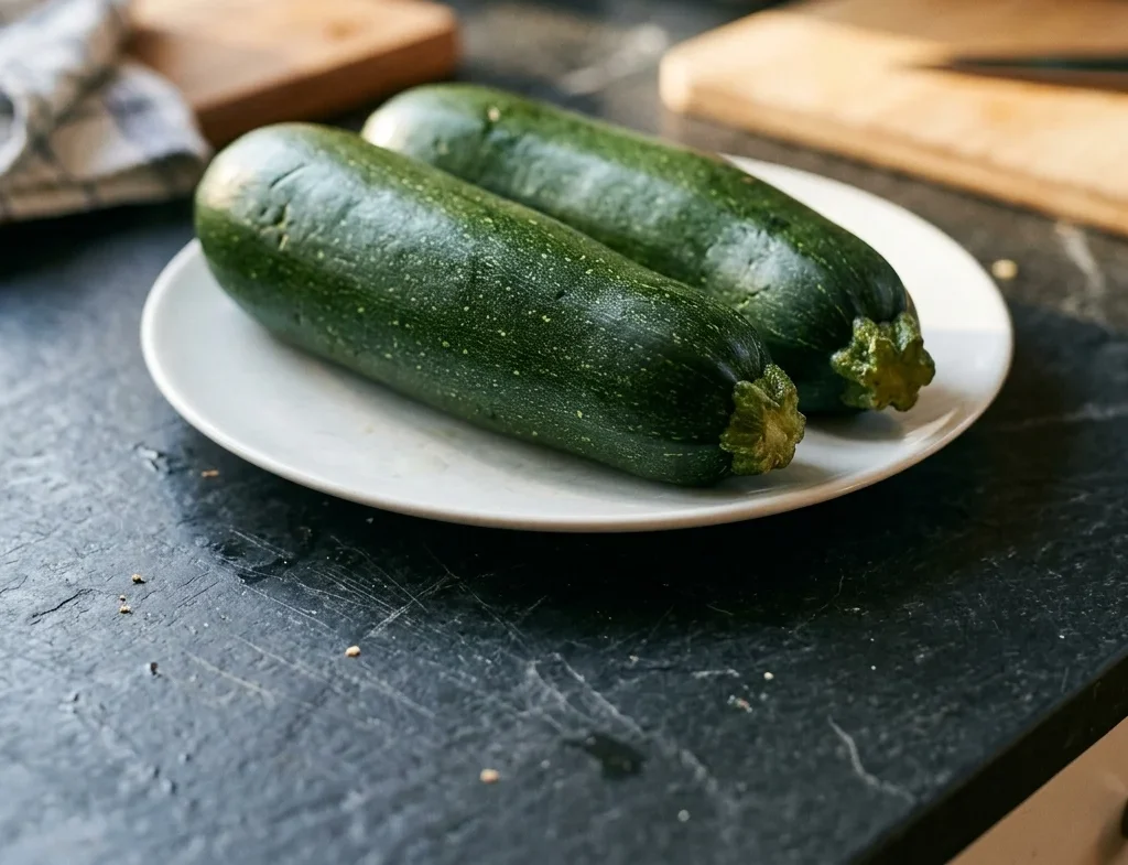 Two firm dark green zucchini on a plain white plate, their skin smooth and glossy.