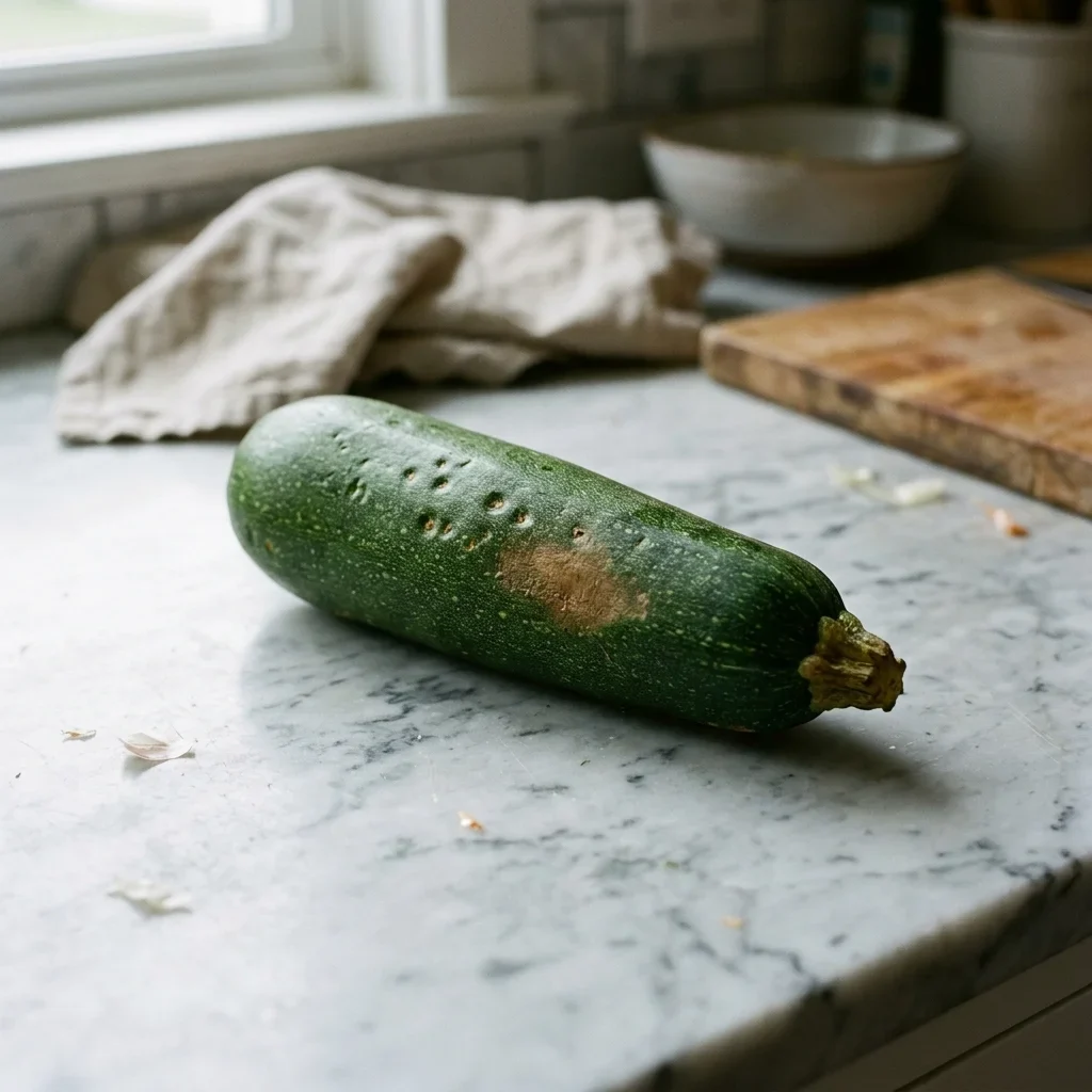 A zucchini with a field of shallow dimples and a dull tan patch across one side of the skin.