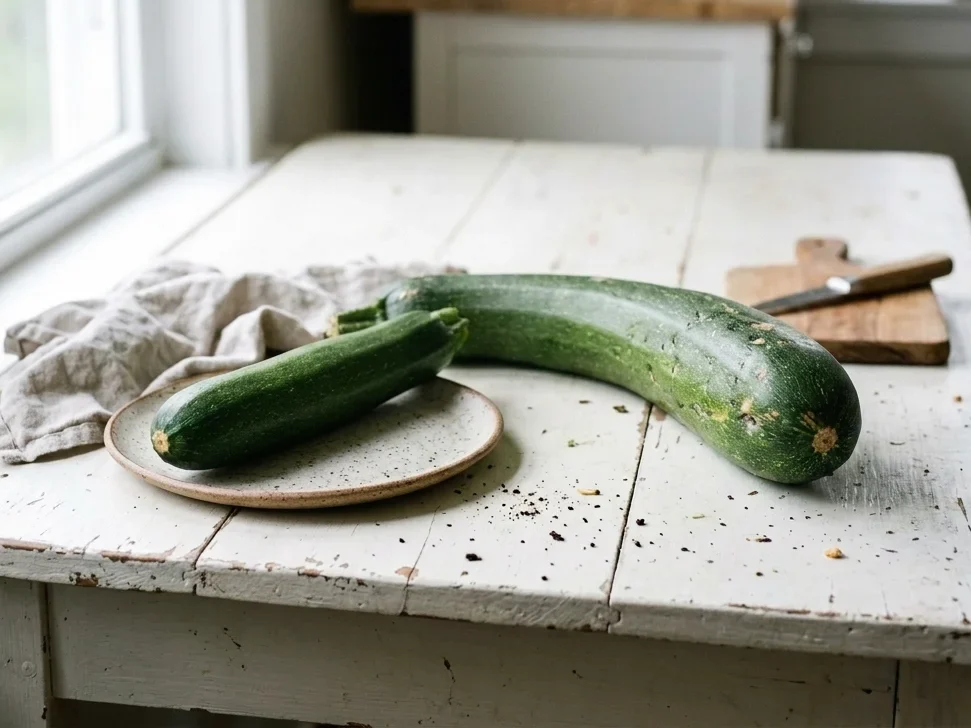 A large zucchini sagging into a soft curve on a table, beside a firm straight one on a plate.