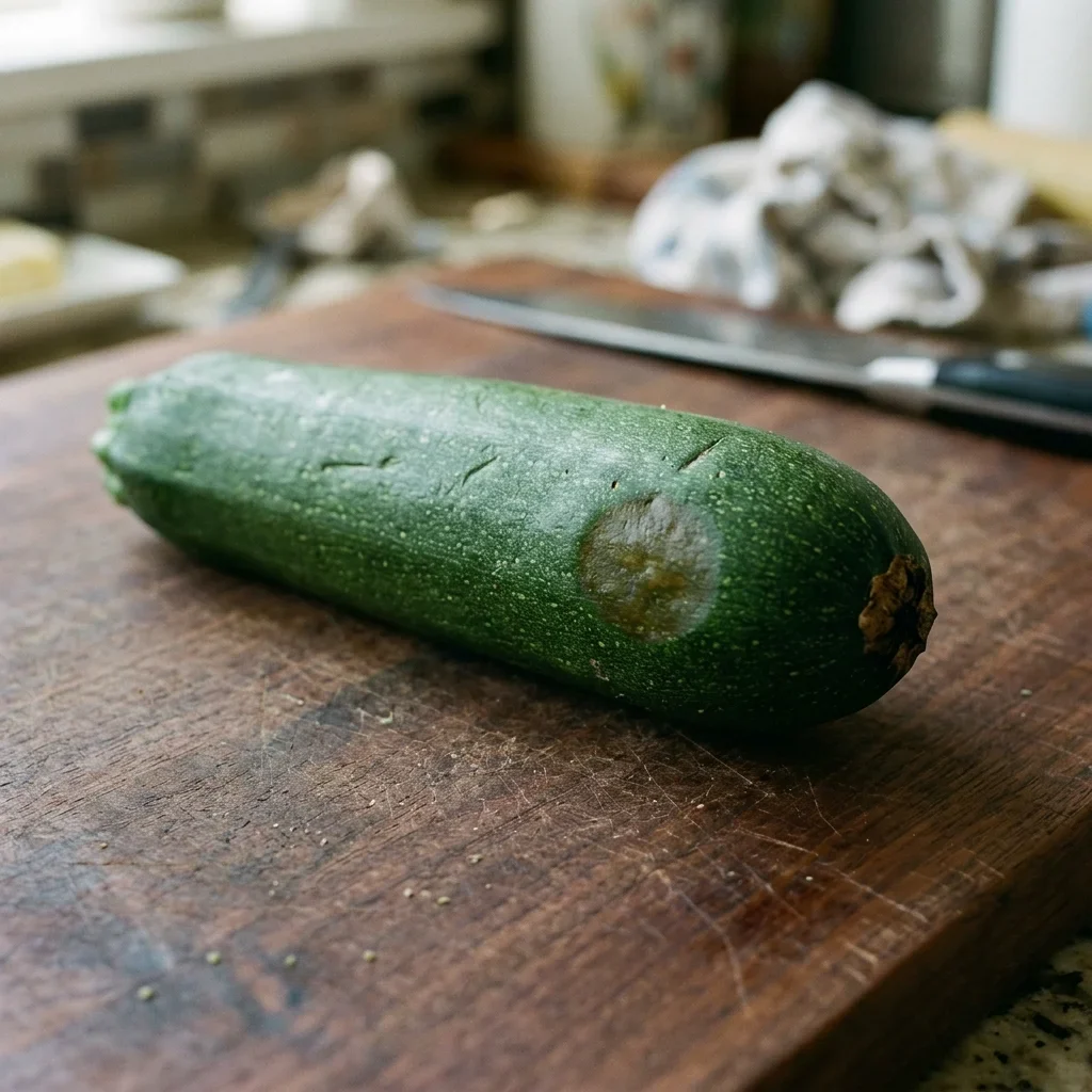 A zucchini with one small, darker, water-soaked patch near the blossom end and no fuzz yet.